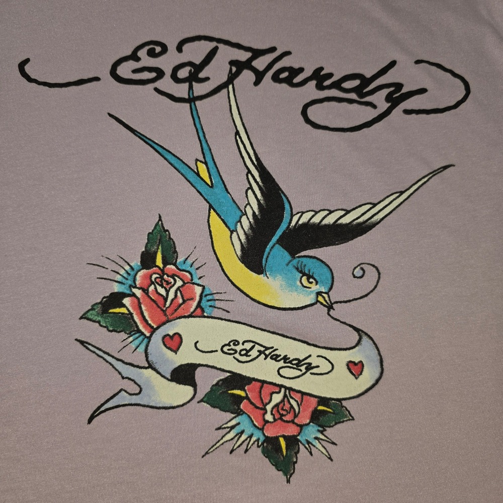 Ed Hardy Kids Purple Swallow Rose Tattoo Graphic Tee Shirt Size Medium